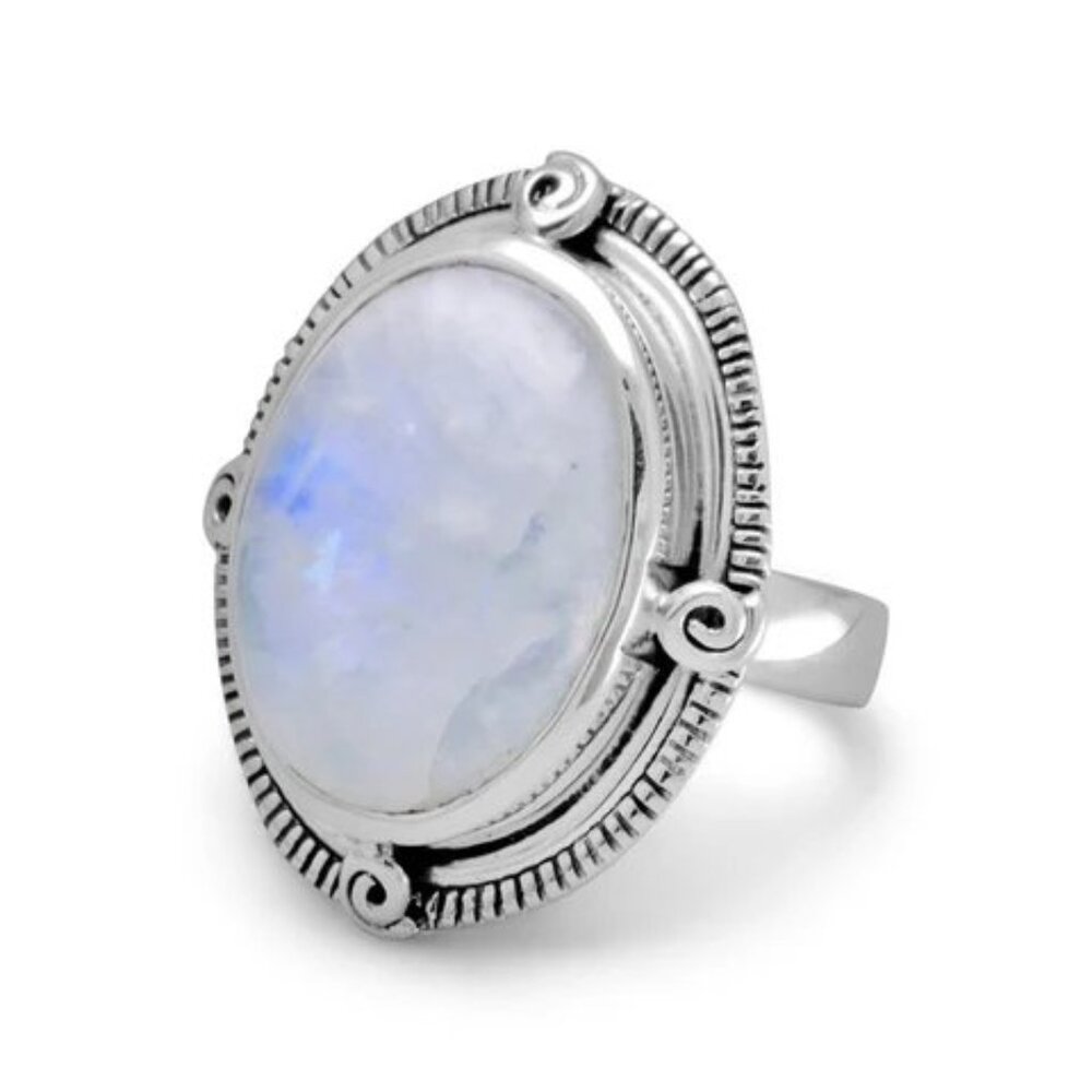 Sterling Silver Swirl Large Rainbow Moonstone Ring - Sizes 6 to 10